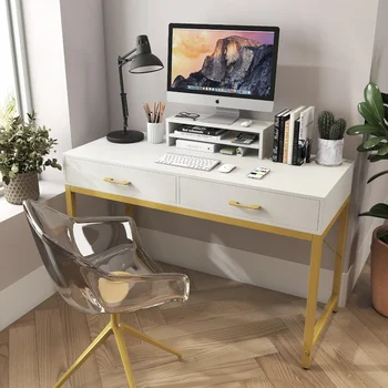 WESTREE жени грим суета бюро с 2 чекмеджета - спалня домашен офис бюро, дървена височина монитор стойка & съхранение рафт без