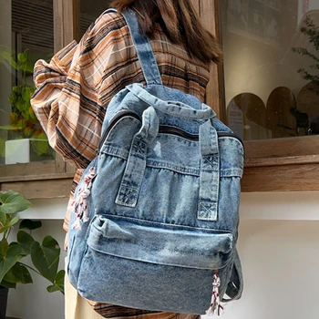 Момиче плат училище чанта нова мода колеж студент реколта жени раница деним женски лаптоп чанта пътуване Kawaii дамски раници