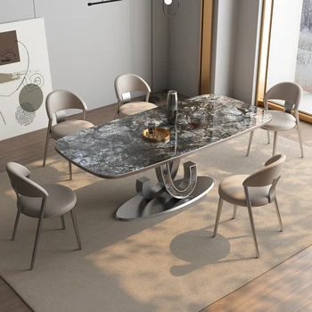 италианска минималистична ярка луксозна каменна плоча маса за хранене Висок клас модерен минималистичен малък домакински лек луксозен правоъгълен din