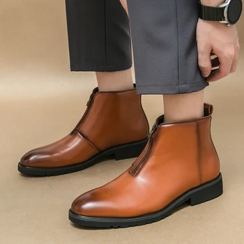 Италиански мъже класически Челси ботуши мода ежедневни кожени глезена ботуши мъже британски стил къси ботуши удобни високи топ ежедневни обувки