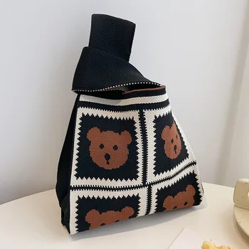 Корейски мечка трикотажни чанти пазарски чанти нови широки ръчно изработени минималистични жени мини възел китката чанта голяма пазарска чанта студент за многократна употреба