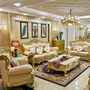 Европейско масивно дърво двустранно резбован диван комбинация хол луксозен голям апартамент кожен диван