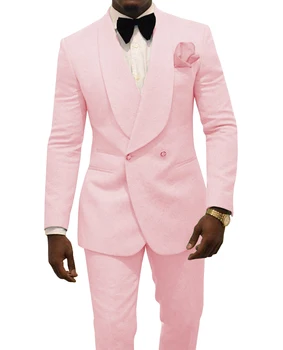 Мъжки костюм розов двуреден тънък жакард абитуриентска рокля парти пътуване блейзър + панталони
