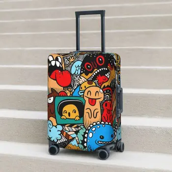 Смешни графити модел куфар покритие полет колоритен сладък чудовище еластични багаж доставки Защита на бизнеса