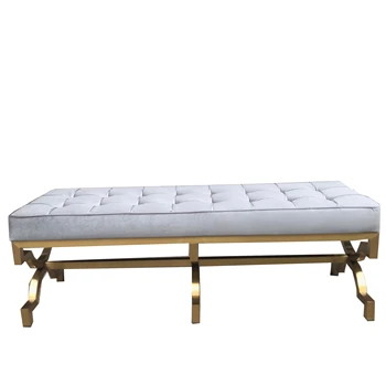 Light луксозен хол пейка обичай златен метал неръждаема стомана кожа кадифе възглавница пейка модерен салон диван легло край табуретка