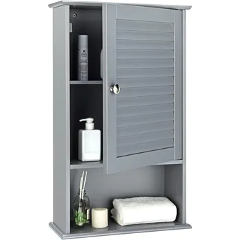 Tangkula медицина кабинет, стенен шкаф за баня единична врата дървена баня стена кабинет (сив / бял) по избор