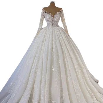 Мюсюлманска дантела апликация сватбени рокли дълги ръкави илюзия арабски булчински рокли 2023 плюс размер брак рокля