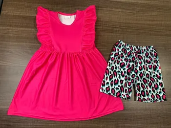 Летен бутиков бебешки и детски комплект диня червена туника с къс ръкав и леопард печат шорти 2-парче комплект сладко момиче облекло
