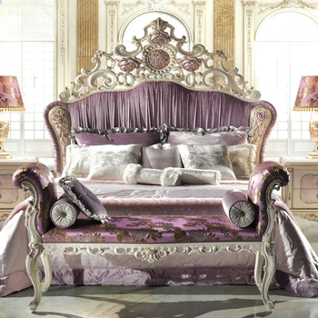 европейско двойно легло Родителска спалня 2m 2.2 двойно легло Френски масивно дърво издълбани тапицирана тъкан принцеса легло луксозно сватбено легло