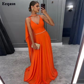 Eeqasn оранжева коприна шифон вечерно парти рокли Пайети оглавник нос дълго парти рокля жени бала официални рокли Саудитска Арабия