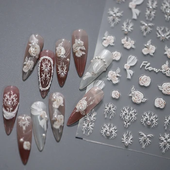 Ретро перлена роза панделка флорални 3D самозалепващи нокти изкуство стикери полупрозрачни бяла пеперуда Bowknot маникюр ваденки на едро