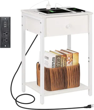 Крайна маса за нощно шкафче със зарядна станция, USB портове, чекмедже и рафт за съхранение, бял