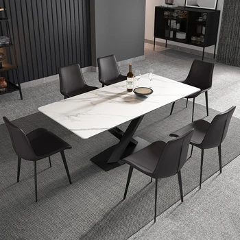 Италианска лека луксозна скална плоча маса за хранене Домакинска минималистична скандинавска модерна проста правоъгълна маса за хранене и стол