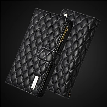 Zipper Card Wallet кожен калъф за Samsung Galaxy S23 S22 S21 S20 FE Plus Ultra S21FE 5G Flip Lambskin Lozenge Book Case Funda