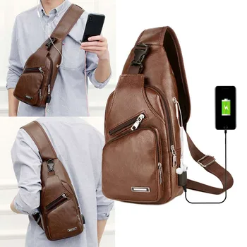 Мъжки гърдите чанта USB зареждане Crossbody чанти Pu кожа рамо чанта диагонал пакет обратно пакет пътуване на открито пратеник торбичка