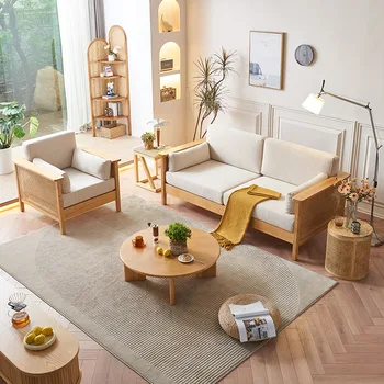 Масивна дървесина диван комбинация дома хол прост ратан диван малък апартамент B &B дневник диван