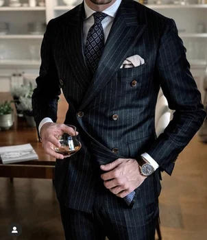 Black Stripe Мъжки костюм Двуреден блейзър Най-новите дизайни на палто Slim Fit 2 части Tuxedo Персонализиран младоженец Абитуриентски костюми Ternos