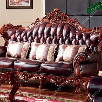 Европейска естествена кожа масивна дървесина резбован луксозен диван комплект холна гарнитура хол мека мебел