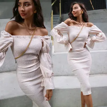 2024 нова дамска секси рокля с едно рамо с дълъг ръкав тънка пола молив коктейлна рокля