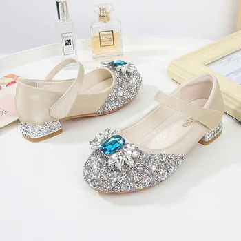 Сладки обувки за момиче с кристали Есен Ново дете принцеса кожена обувка мода токчета обувки за деца кристал парти обувки