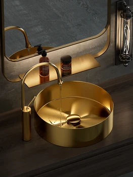 Златна неръждаема стомана маса мивка светлина луксозен тънък ръб интегрирана мивка изкуство басейн баня черен кръг мивка