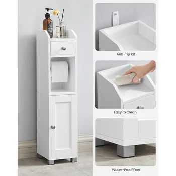 Шкаф за баня, малък шкаф за баня, държач за тоалетна хартия с място за съхранение, шкаф за баня с регулируеми рафтове