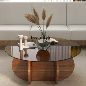 Sili стил масичка за кафе прост хол масивна дървесина светлина луксозен закалено стъкло диван ръб кръгла маса