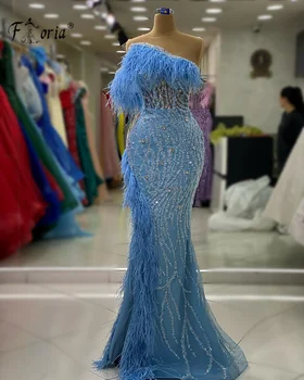 Русалка пера кристално синя вечерна рокля Дубай едно рамо мъниста абитуриентски рокли елегантен дълъг халат знаменитост парти рокля 2023