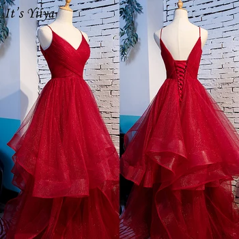 Вечерна рокля Бургундски тюл спагети каишка без ръкави волани A-line етаж дължина плюс размер парти рокля роба де Soiree E1004