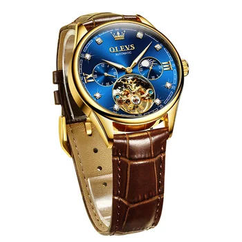 OLEVS Мъжки часовници Автоматичен механичен часовник Tourbillon Sport Clock Leather Casual Business Retro Wristwatch Relojes Hombre