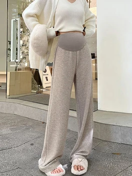 2023 Мода майчинство плетене панталони висока талия бременна жена корема панталони дължина на пода бременност прави панталони обувка нарязани