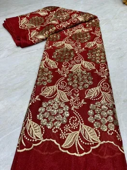 Луксозен флокиран африкански дантелен плат 5ярда за френска рокля за сватбено тържество Висококачествени нигерийски пайети тюл кадифе дантела шиене