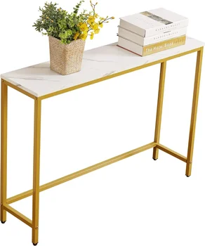 Конзолна маса за вход, изкуствена мраморна MDF диванна маса със златна рамка (еднослойна, бял мрамор)