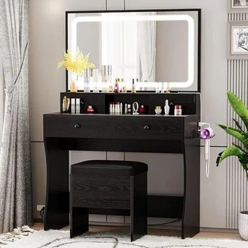 Vanity Desk с LED осветено огледало & Електрически контакт & 4 чекмеджета Комплект грим маса с табуретка за съхранение и сешоар стойка