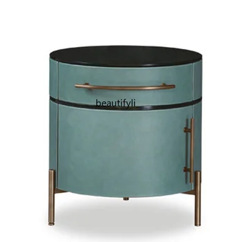 италиански стил светлина луксозна кожена нощно шкафче спалня творчески проста малка маса за съхранение кръг от неръждаема стомана шкафче