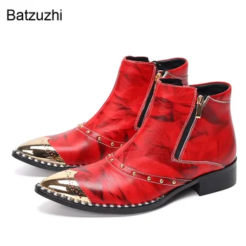 Batzuzhi луксозни ръчно изработени мъжки ботуши заострени пръсти кожа глезена ботуши мъже цип червено/черно модно парти/сватбени ботуши за мъже, 38-46