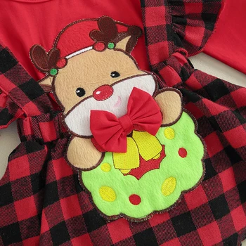 Новородено бебе момиче Коледа гащеризон рокля Ruffle ръкав елен карирана с лента за глава сладък Коледа екипировки