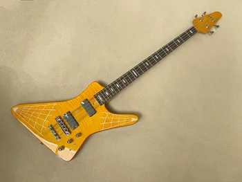 4 струни жълто тяло електрически бас китара с розово дърво Fretboard, врата през тялото, хром хардуер, предоставяне на персонализирани услуги