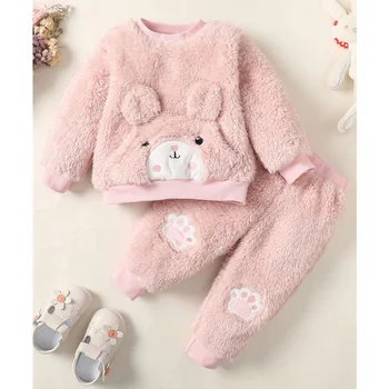0-3Years Baby Girl Clothes Set Cute Bear O-neck Long Sleeve Top+Thick Pants Autumn&Winter Warm Clothing Outfit for Toddler Girl