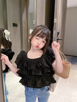 2023 Лятна детска риза Корея стил плътен цвят сладък разрошен ръб квадратна яка мека мода нов дизайн за момичета
