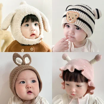 Корейска бебешка шапка зимна плетена сладка ушна топло бебе шапка шапка момичета момчета боне карикатура малко дете деца плюшени шапки за защита на ушите