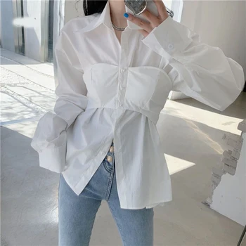 Design жени корейски бяла риза елегантен мода пачуърк секси тънък блуза есента дълъг ръкав намали яка дами върхове