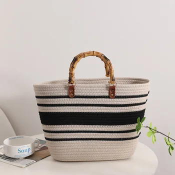 Памучна нишка тъкани голяма пазарска бамбукова дръжка Дамски чанти Летни плажни чанти за жени 2023 Бохемска сламена чанта Boho съединител Ново