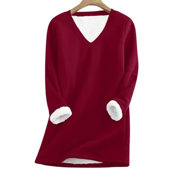 Дамски O-образно деколте блуза плюс кадифе сгъстяване зимата тънък топъл дълъг ръкав върховете случайни плюшени руно облицовани мек пуловер