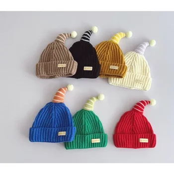 Little Sweet Potato Funny Children's Knitted Hat Bull Corner Ball Character Candy Color Warm Woolen Hat