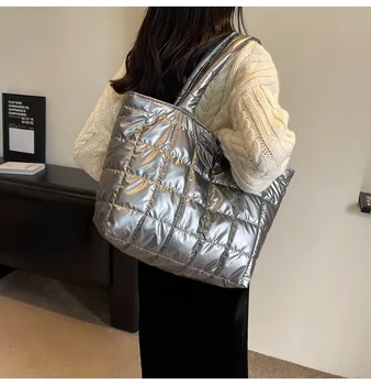  жените подмишниците рамо чанта мека карирана голяма пазарска чанта метален цвят сребро ръчна чанта зимни пътуване чанта, кърпа за съхранение пътуване пътуване чанти