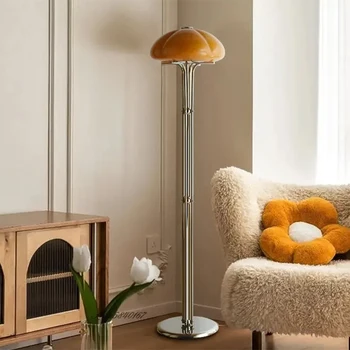 реколта оранжево стъкло етаж лампа хром база стояща лампа за хол фон ъглова лампа декор проучване творческа стая светлина