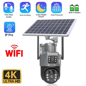 4G Sim карта Слънчева камера за сигурност Двоен обектив Двоен екран Външен водоустойчив 4K 8MP Автоматично проследяване PTZ Wifi CCTV камера за наблюдение