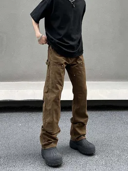 Мъжки тънък годни High Street Harajuku пънк кафяв реколта дънки мъжка мода марка хлабав прав крак случайни панталони