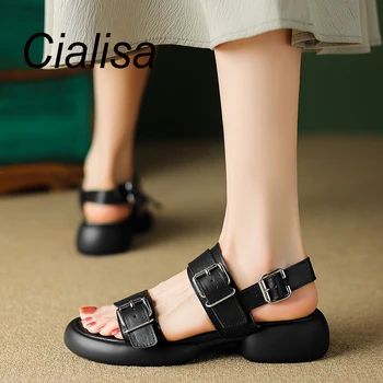 Cialisa Дамски сандали 2023 Летни кръгли обувки от естествена кожа с отворени пръсти Ежедневни дами обувки със среден ток Ръчно изработени женски сандал